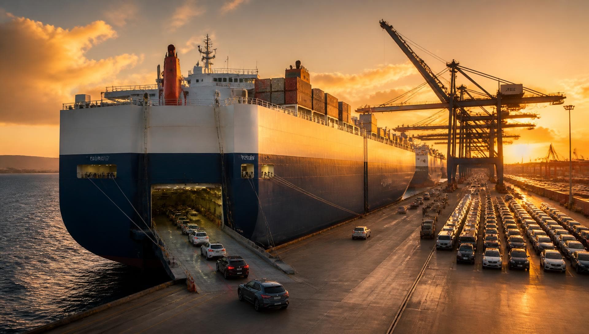 Vehicle carrier cargo ship at a port terminal ready for ocean freight